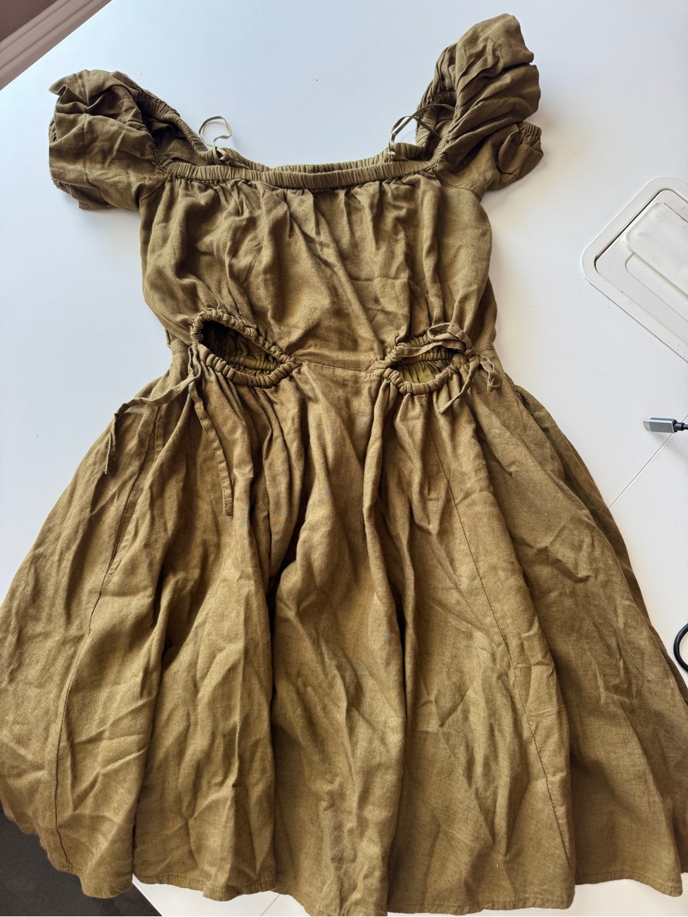 Urban outfitters Olive Green keyhole Cutout Puff Sleeve Dress